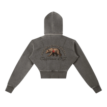 Sonoma Rebel grey vintage washed cropped fleece hoodie with bear graphic and "California OG" text.