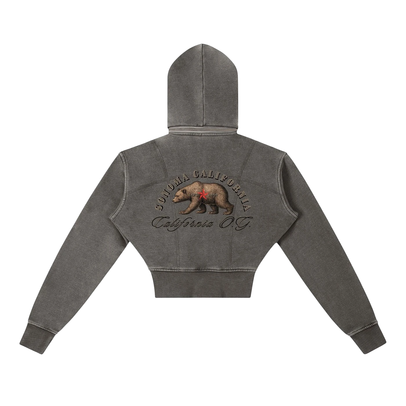 Sonoma Rebel grey vintage washed cropped fleece hoodie with bear graphic and "California OG" text.