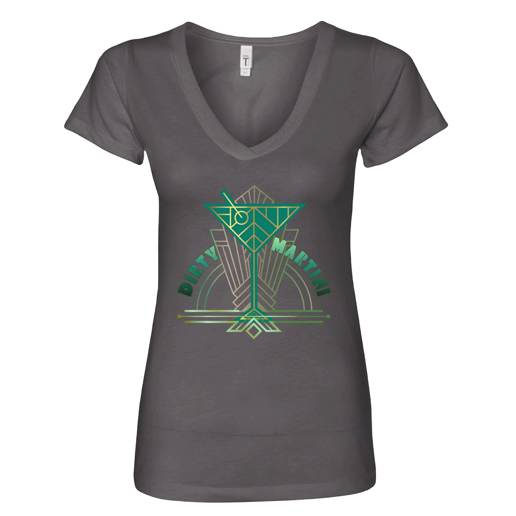 Sonoma Rebel grey v-neck t-shirt with a green and gold art deco dirty martini graphic. Cotton blend.