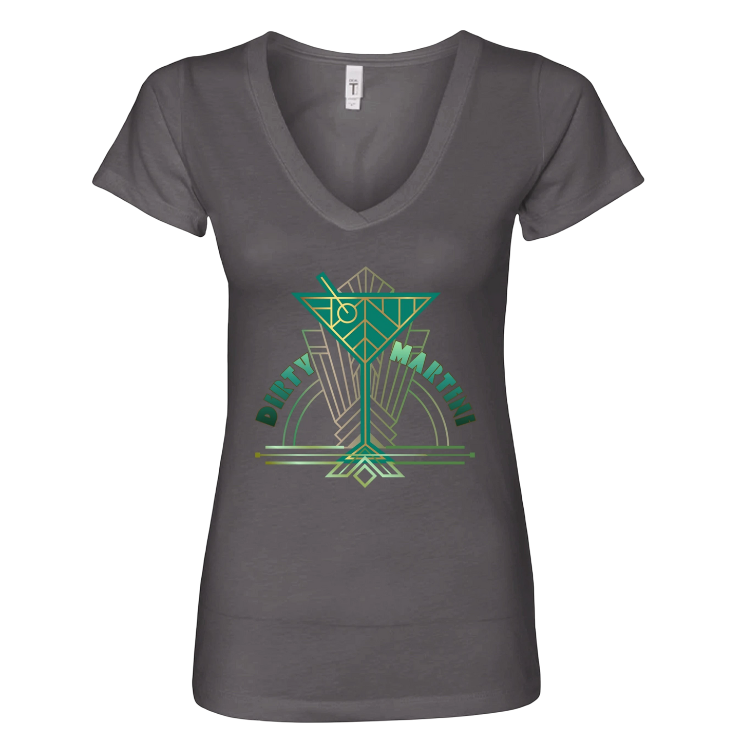 Sonoma Rebel grey v-neck t-shirt with a green and gold art deco dirty martini graphic. Cotton blend.