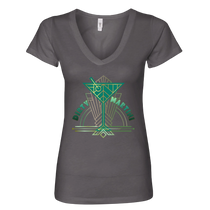 Sonoma Rebel grey v-neck t-shirt with a green and gold art deco dirty martini graphic. Cotton blend.