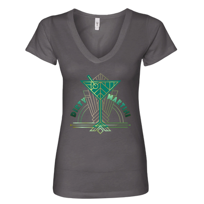 Sonoma Rebel grey v-neck t-shirt with a green and gold art deco dirty martini graphic. Cotton blend.