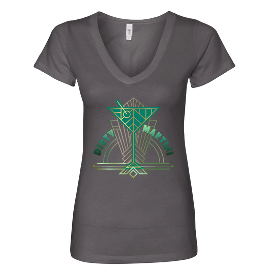 Sonoma Rebel grey v-neck t-shirt with a green and gold art deco dirty martini graphic. Cotton blend.