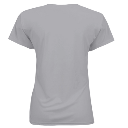 Sonoma Rebel Valley of the Moon Pinup women's light grey short-sleeve performance t-shirt, 100% polyester.