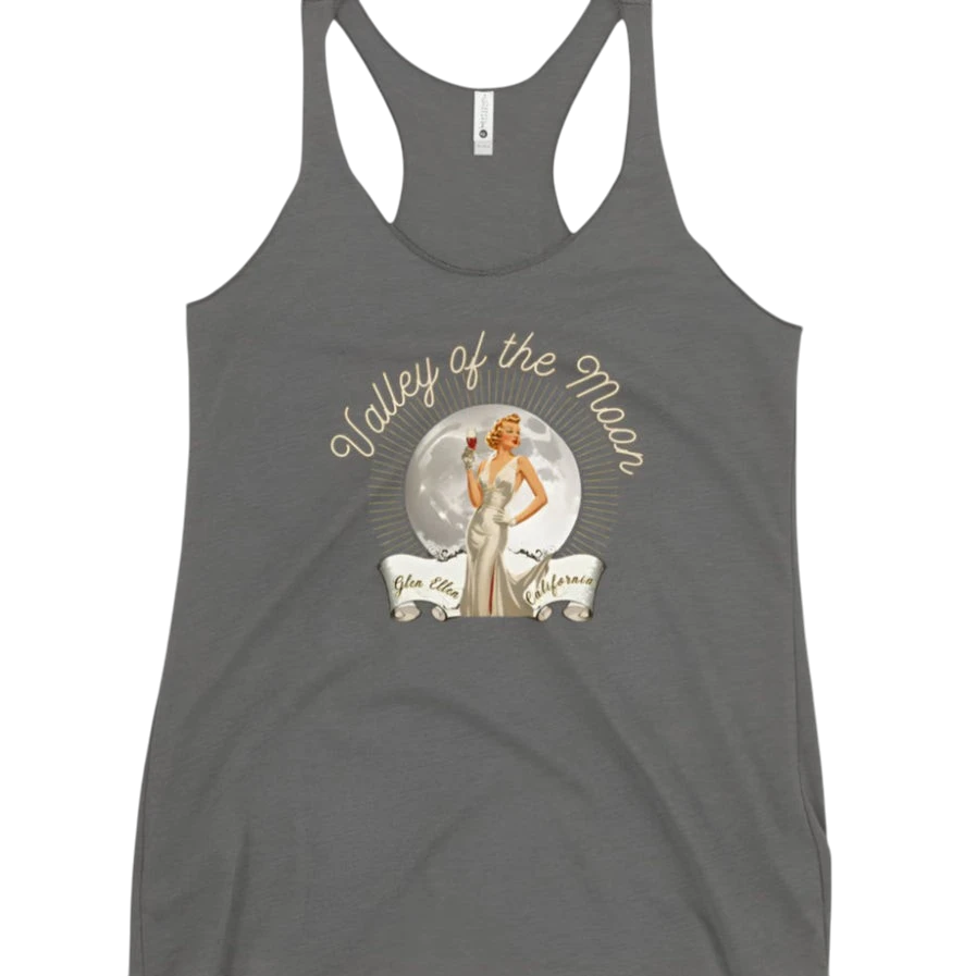 Sonoma Rebel grey racerback tank top with a vintage pinup graphic featuring a woman in a white dress holding a wine glass, set against a moon and sunburst.