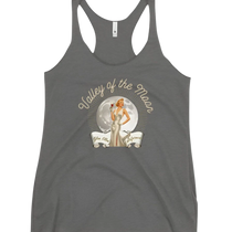 Sonoma Rebel grey racerback tank top with a vintage pinup graphic featuring a woman in a white dress holding a wine glass, set against a moon and sunburst.