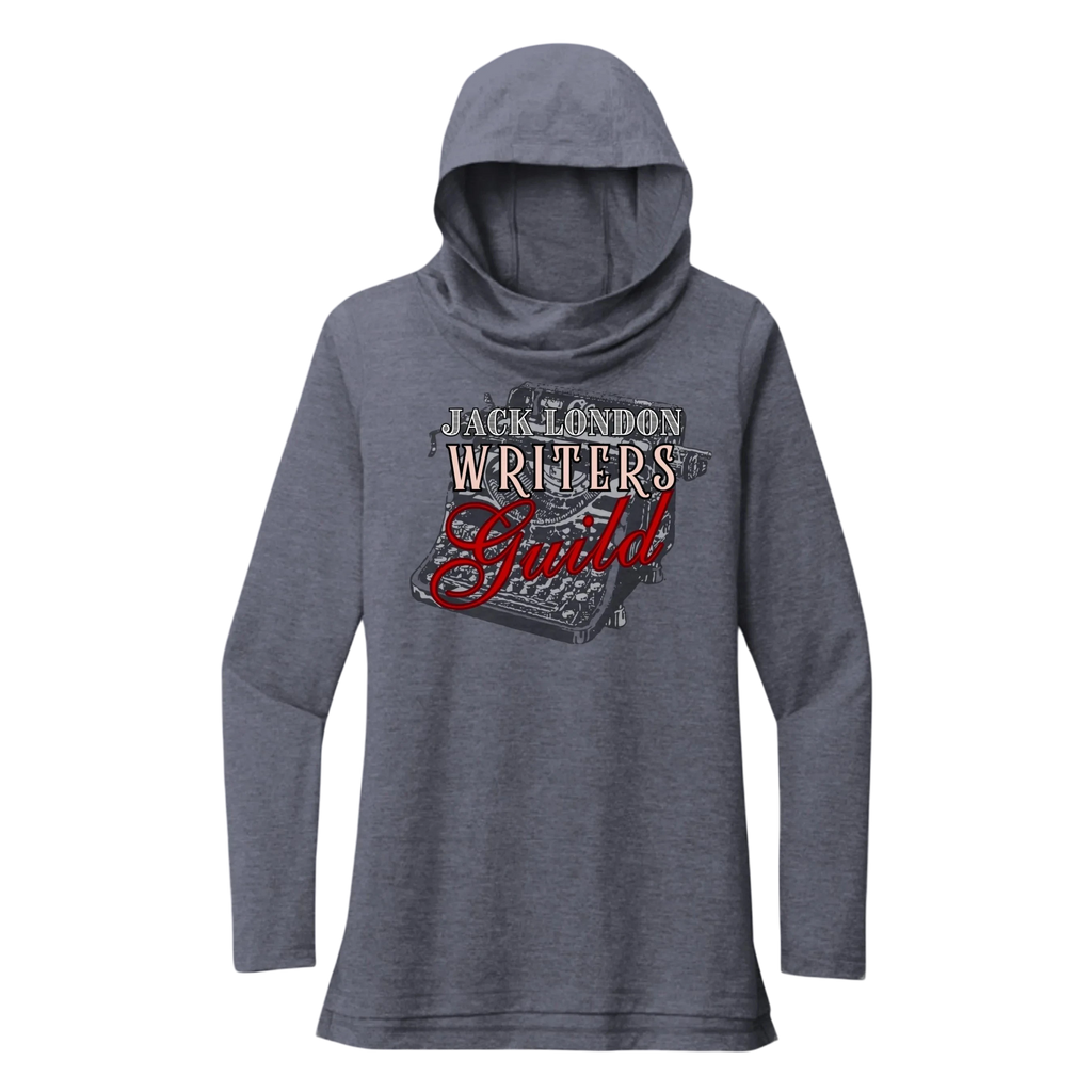 Sonoma Rebel grey tri-blend long sleeve hoodie with cowl neck and Jack London Writers Guild graphic.