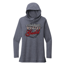 Sonoma Rebel grey tri-blend long sleeve hoodie with cowl neck and Jack London Writers Guild graphic.
