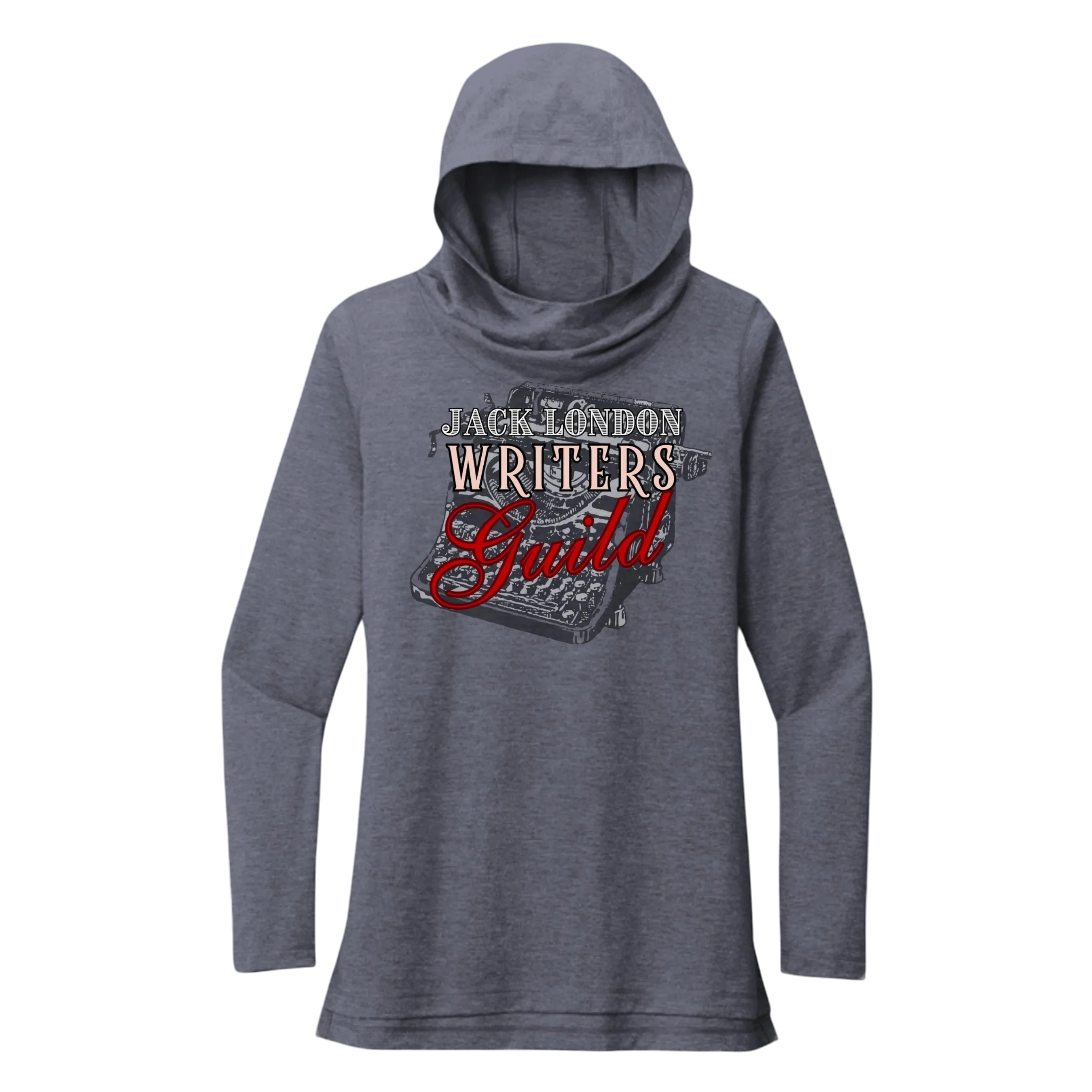 Sonoma Rebel grey tri-blend long sleeve hoodie with cowl neck and Jack London Writers Guild graphic.