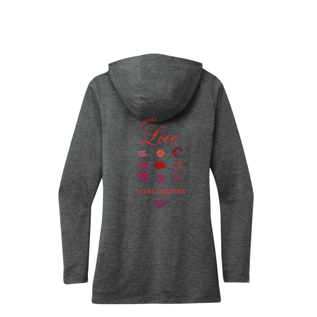 Sonoma Rebel dark heather grey tri-blend hoodie with "Writer's Love Lives Forever" graphic and writing icons.