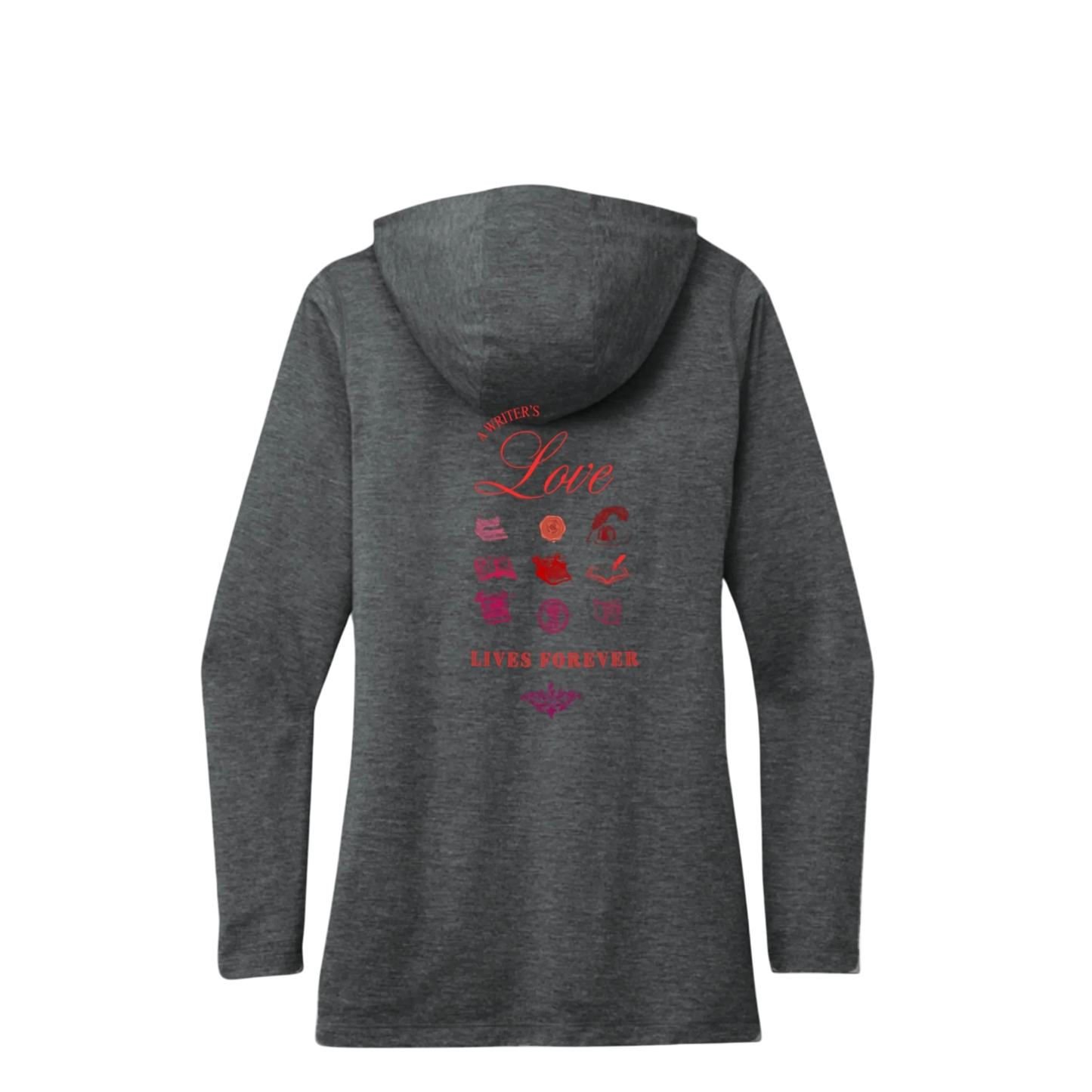 Sonoma Rebel dark heather grey tri-blend hoodie with "Writer's Love Lives Forever" graphic and writing icons.