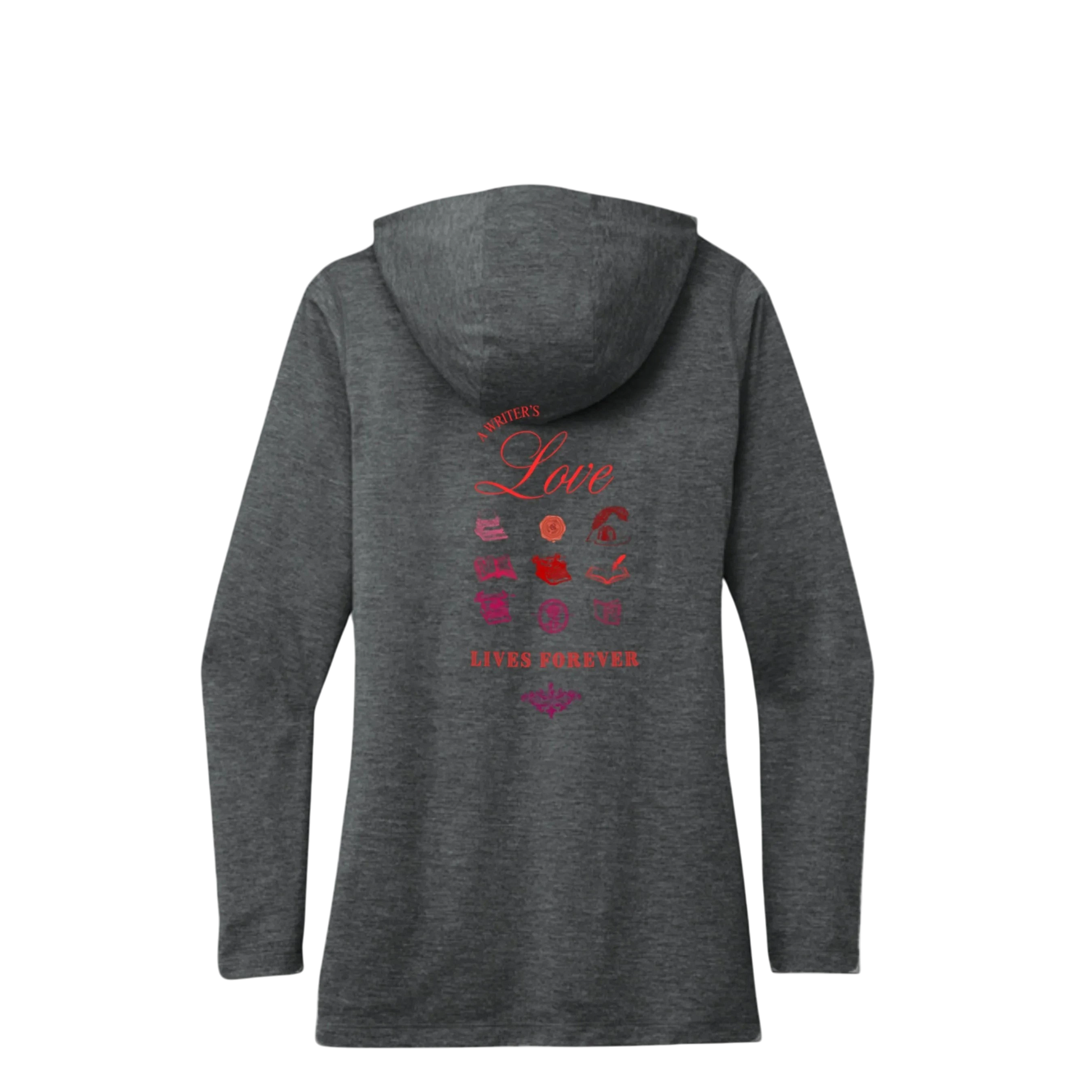 Sonoma Rebel dark heather grey tri-blend hoodie with "Writer's Love Lives Forever" graphic and writing icons.