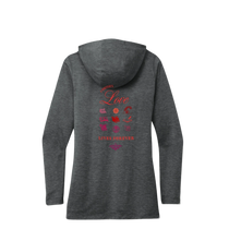 Sonoma Rebel dark heather grey tri-blend hoodie with "Writer's Love Lives Forever" graphic and writing icons.