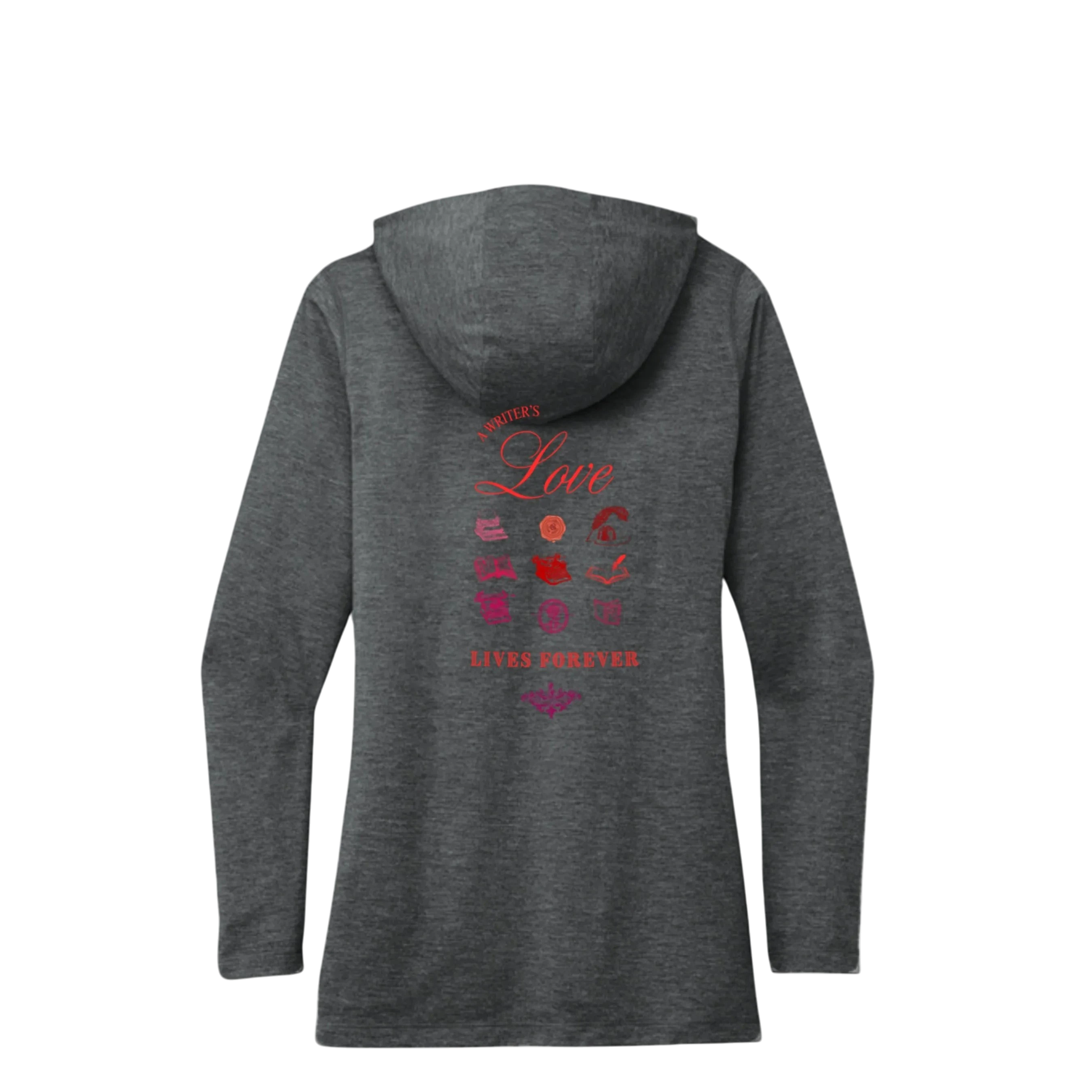 Sonoma Rebel dark heather grey tri-blend hoodie with "Writer's Love Lives Forever" graphic and writing icons.