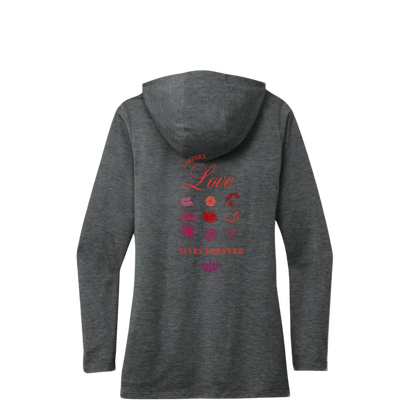 Sonoma Rebel dark heather grey tri-blend hoodie with "Writer's Love Lives Forever" graphic and writing icons.