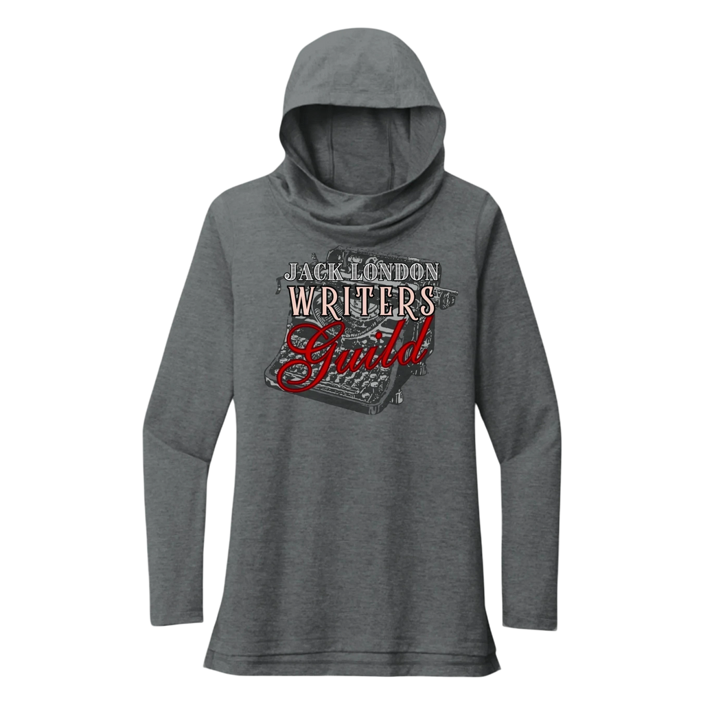Sonoma Rebel grey tri-blend long sleeve hoodie with cowl neck and Jack London Writers Guild graphic.