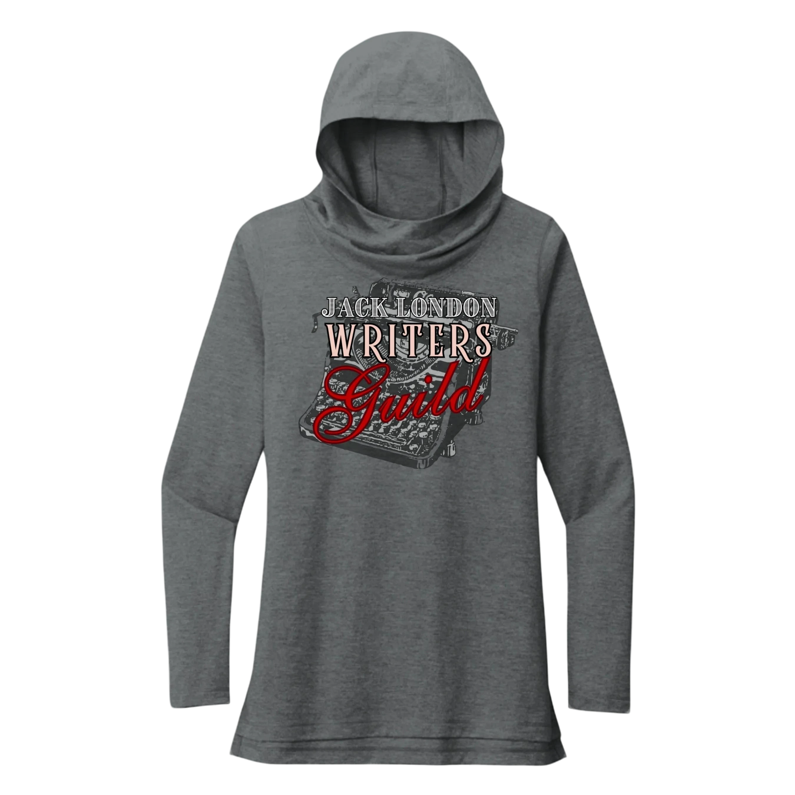 Sonoma Rebel grey tri-blend long sleeve hoodie with cowl neck and Jack London Writers Guild graphic.