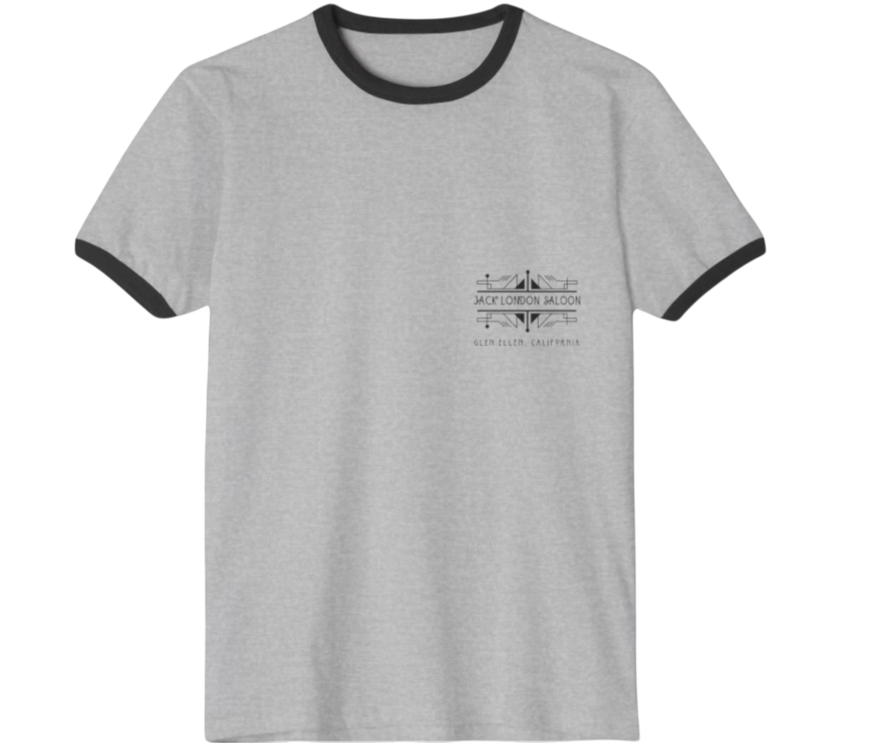 Sonoma Rebel men's heather grey ringer t-shirt with black trim and Jack London Saloon graphic.