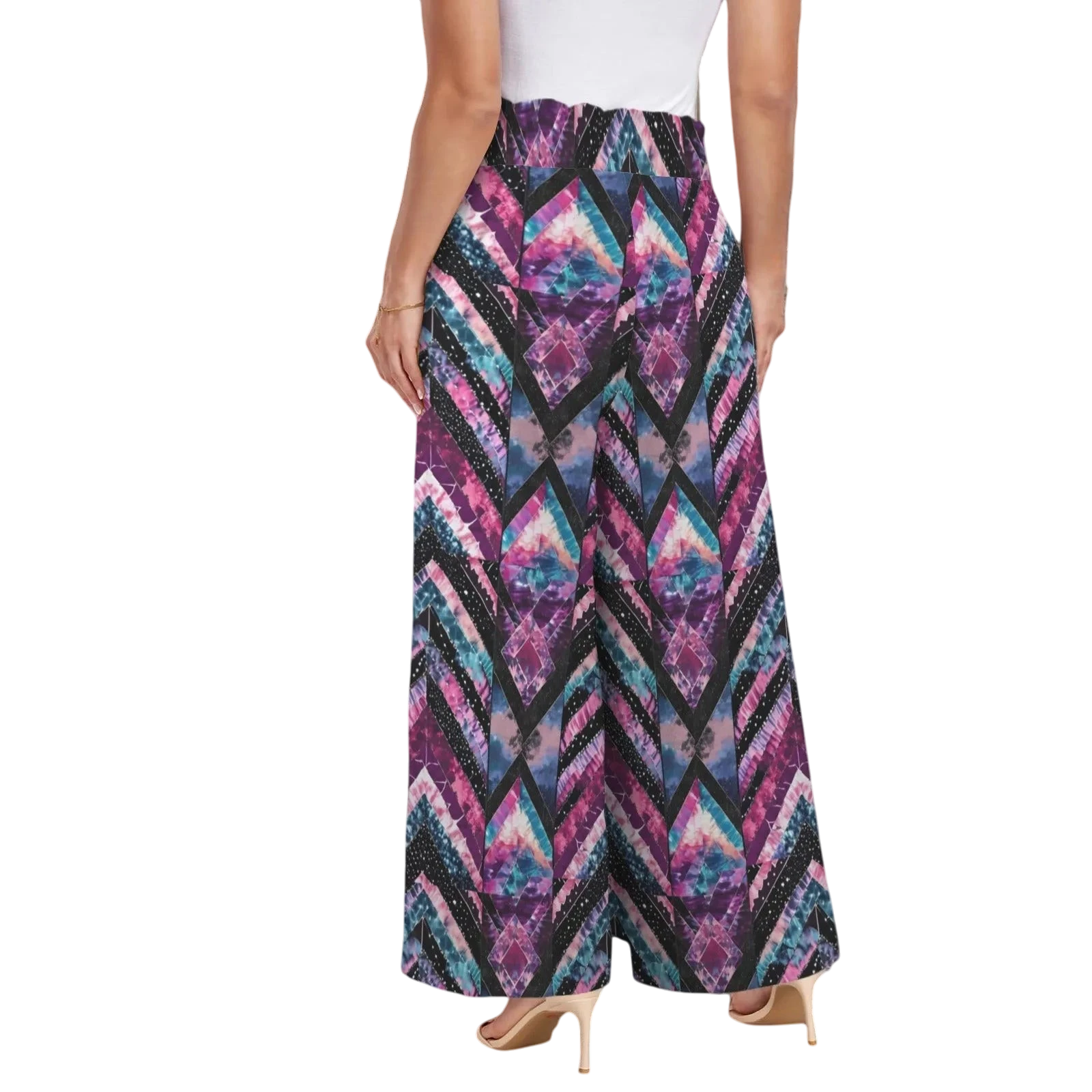 Sonoma Rebel women's tie-dye geometric print wide-leg pants with elastic high waist and drawstring. Polyester-spandex blend.