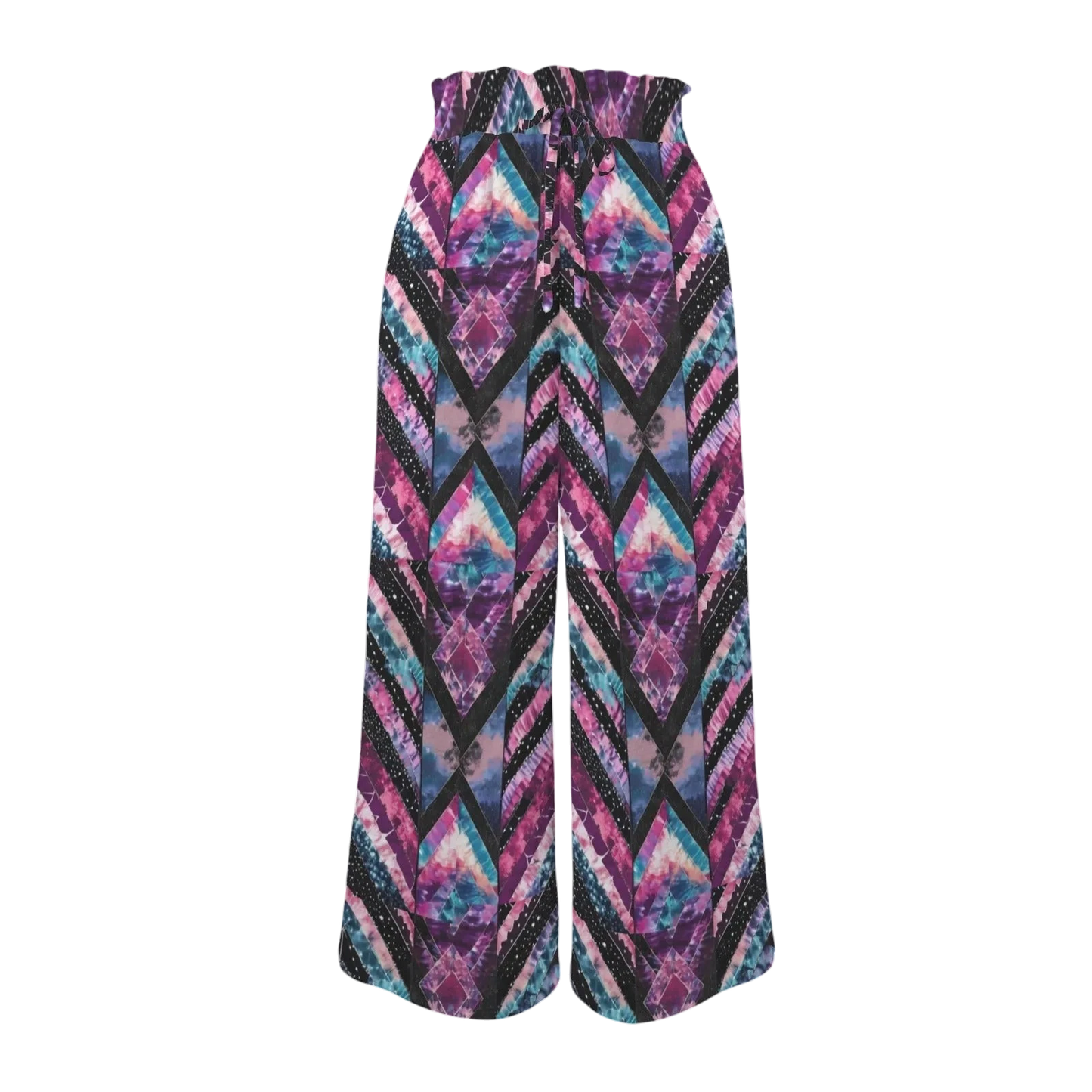 Sonoma Rebel women's tie-dye wide-leg pants with elastic high waist and drawstring. Features a geometric diamond pattern in purple, pink, and blue.