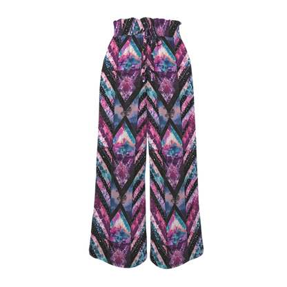 Sonoma Rebel women's tie-dye wide-leg pants with elastic high waist and drawstring. Features a geometric diamond pattern in purple, pink, and blue.