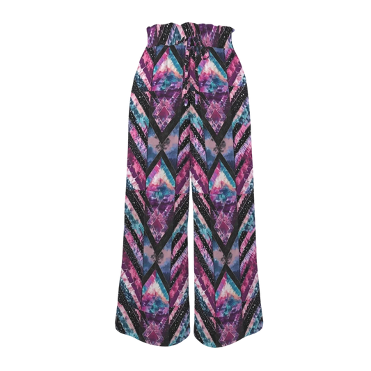 Sonoma Rebel women's tie-dye wide-leg pants with elastic high waist and drawstring. Features a geometric diamond pattern in purple, pink, and blue.