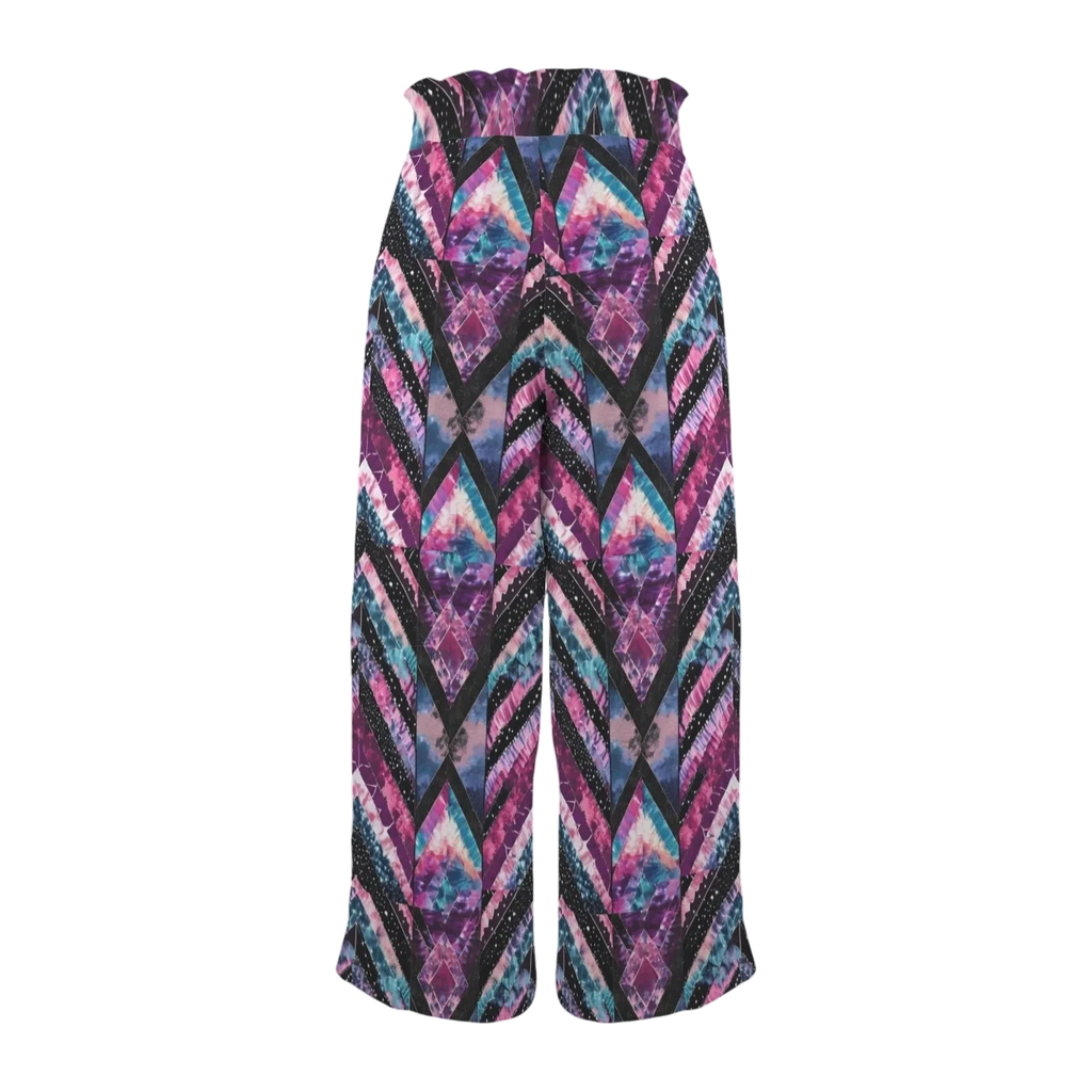 Sonoma Rebel women's tie-dye wide-leg pants with elastic high waist and drawstring. Features a geometric diamond pattern in purple, pink, and blue.