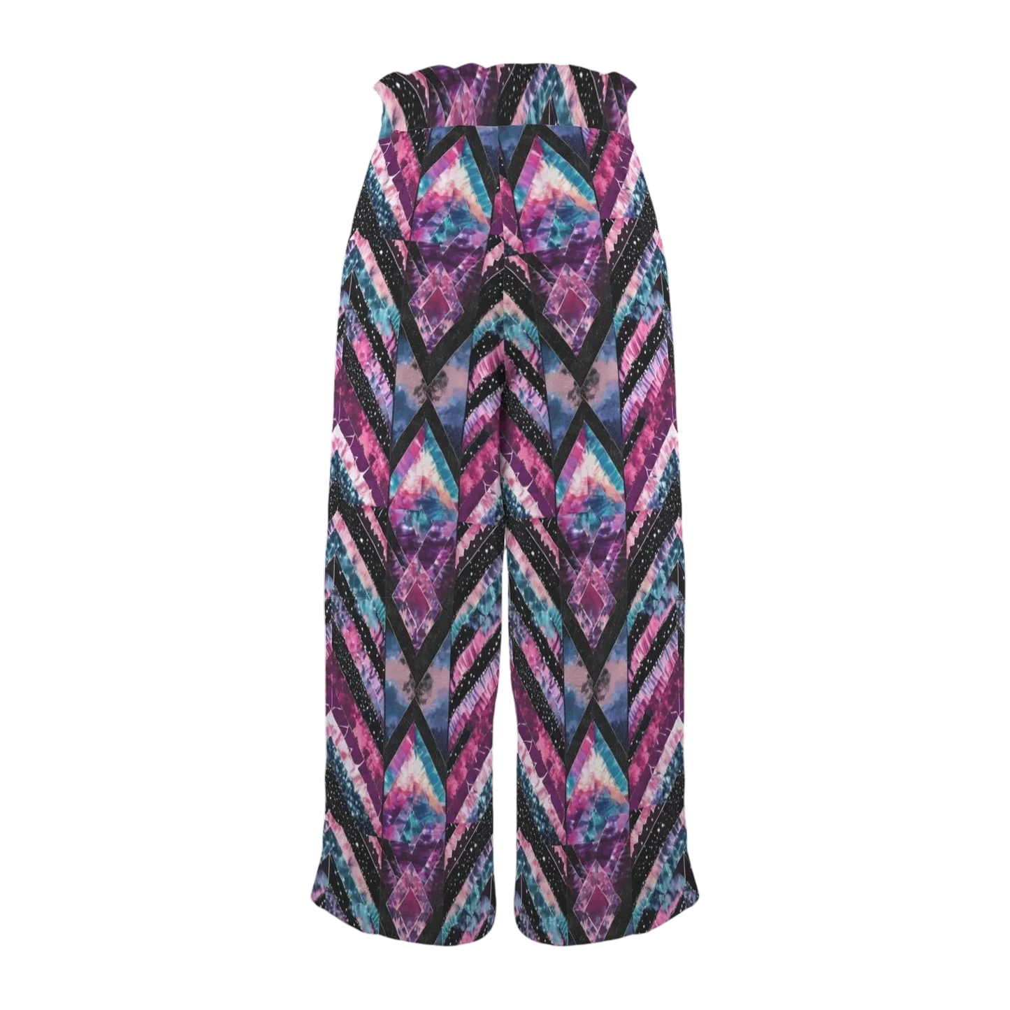 Sonoma Rebel women's tie-dye wide-leg pants with elastic high waist and drawstring. Features a geometric diamond pattern in purple, pink, and blue.
