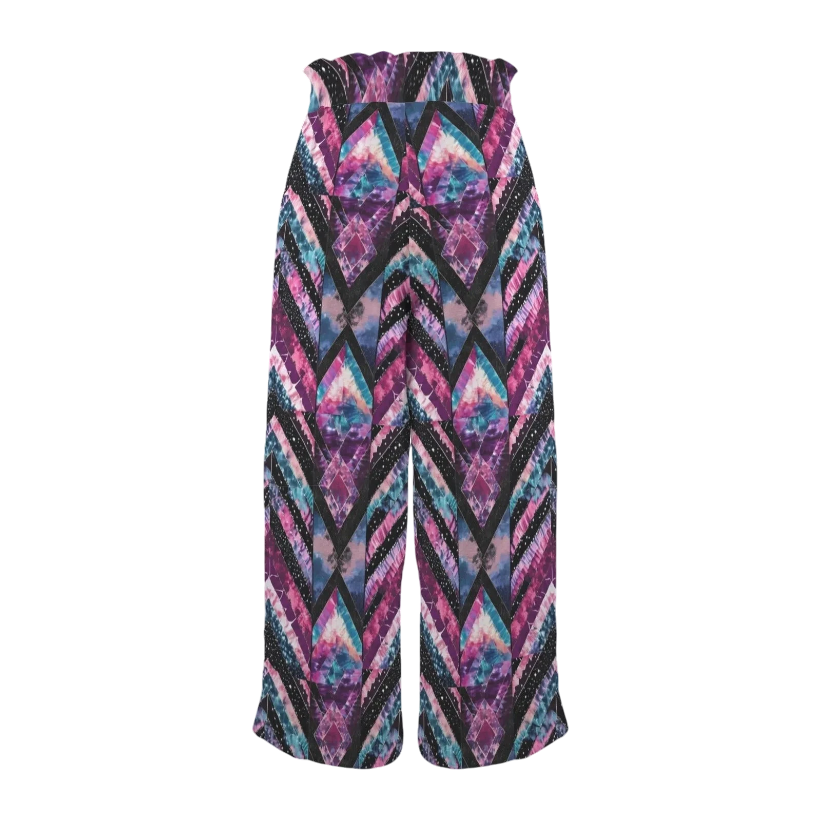 Sonoma Rebel women's tie-dye wide-leg pants with elastic high waist and drawstring. Features a geometric diamond pattern in purple, pink, and blue.