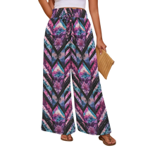 Sonoma Rebel women's tie-dye wide-leg pants with elastic high waist and drawstring. Features a geometric diamond pattern in purple, blue, and pink.