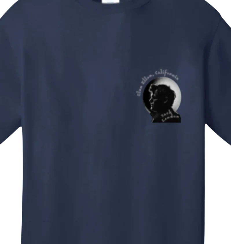 Sonoma Rebel navy blue 100% cotton unisex t-shirt with a graphic of Jack London's profile and "Glen Ellen, California" text.