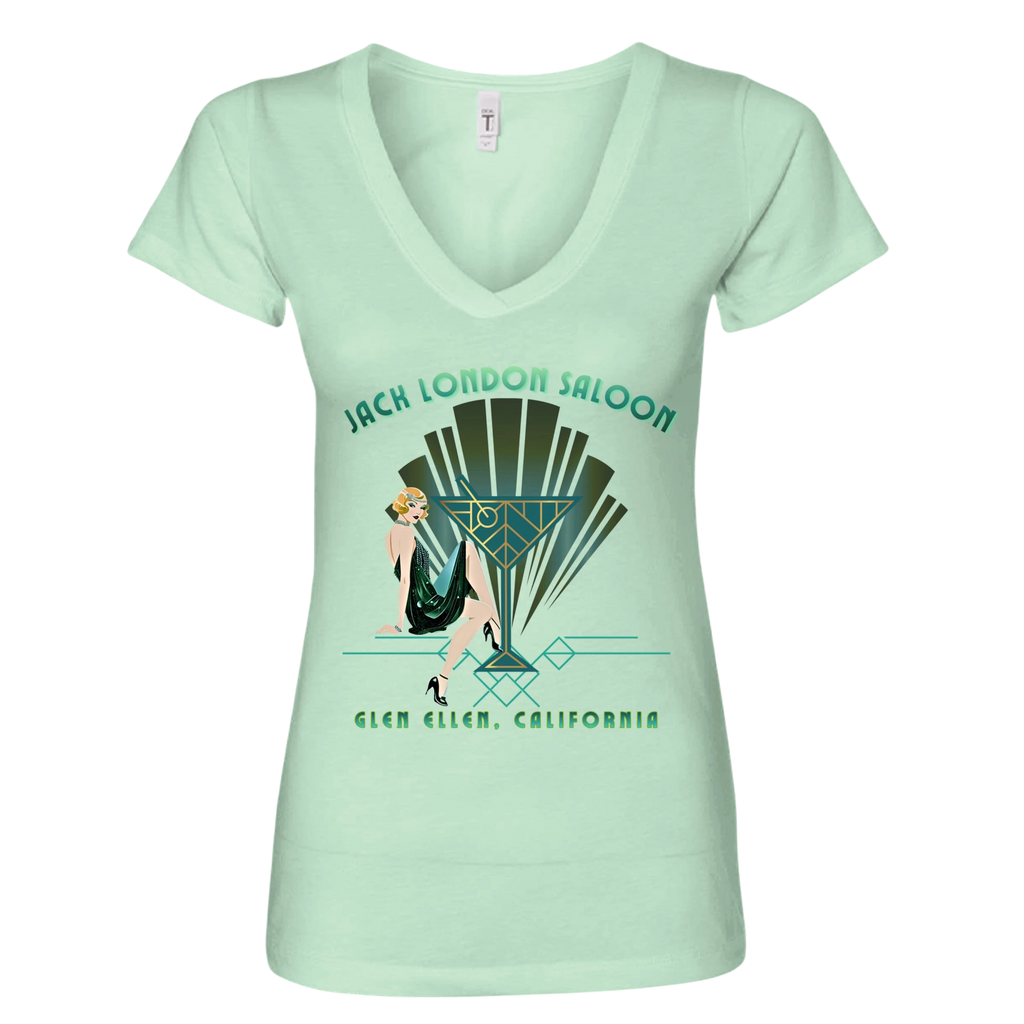 Sonoma Rebel Jack London Saloon Art Deco women's light mint V-neck t-shirt with a graphic of a woman in a flapper dress and a martini glass.