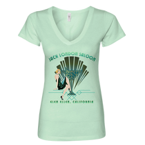 Sonoma Rebel Jack London Saloon Art Deco women's light mint V-neck t-shirt with a graphic of a woman in a flapper dress and a martini glass.