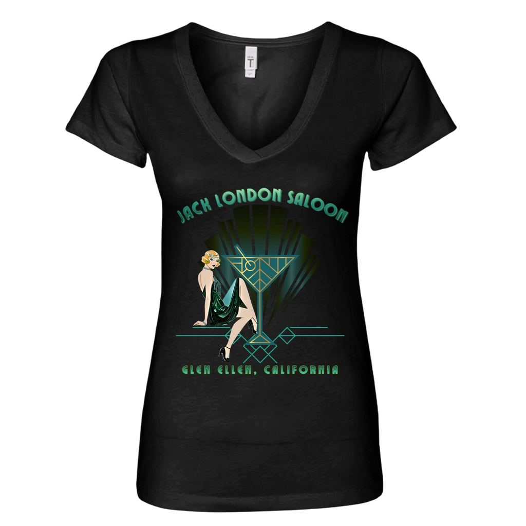 Sonoma Rebel black cotton blend V-neck t-shirt with an Art Deco graphic featuring a woman and a martini glass, reading "Jack London Saloon Glen Ellen, California".