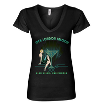 Sonoma Rebel black cotton blend V-neck t-shirt with an Art Deco graphic featuring a woman and a martini glass, reading "Jack London Saloon Glen Ellen, California".