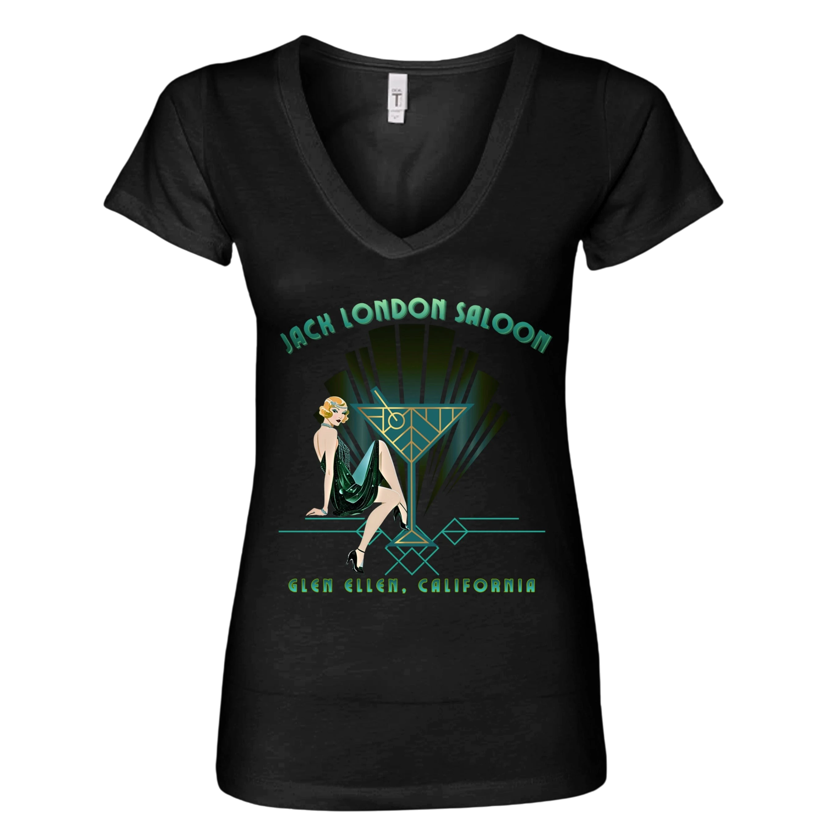 Sonoma Rebel black cotton blend V-neck t-shirt with an Art Deco graphic featuring a woman and a martini glass, reading "Jack London Saloon Glen Ellen, California".