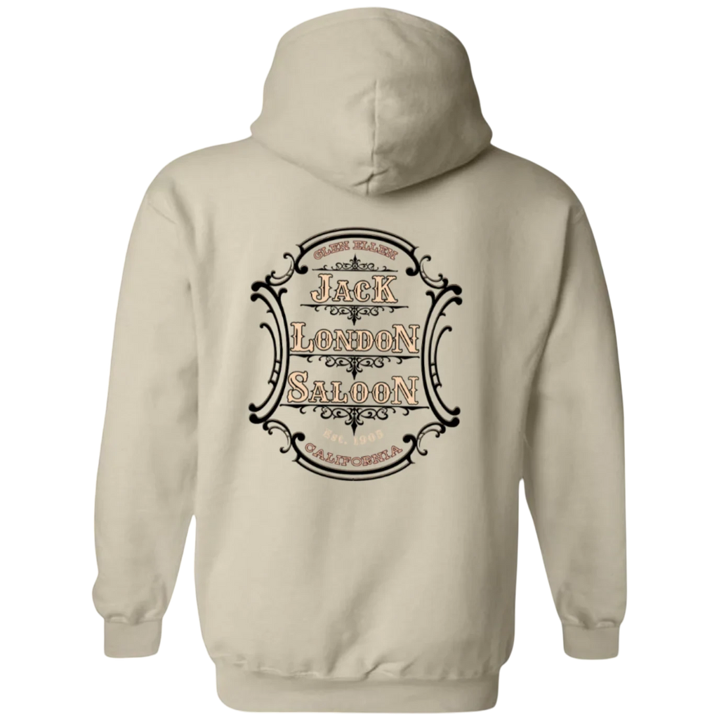 Sonoma Rebel beige cotton blend hoodie with Jack London Saloon Emblem graphic on back.
