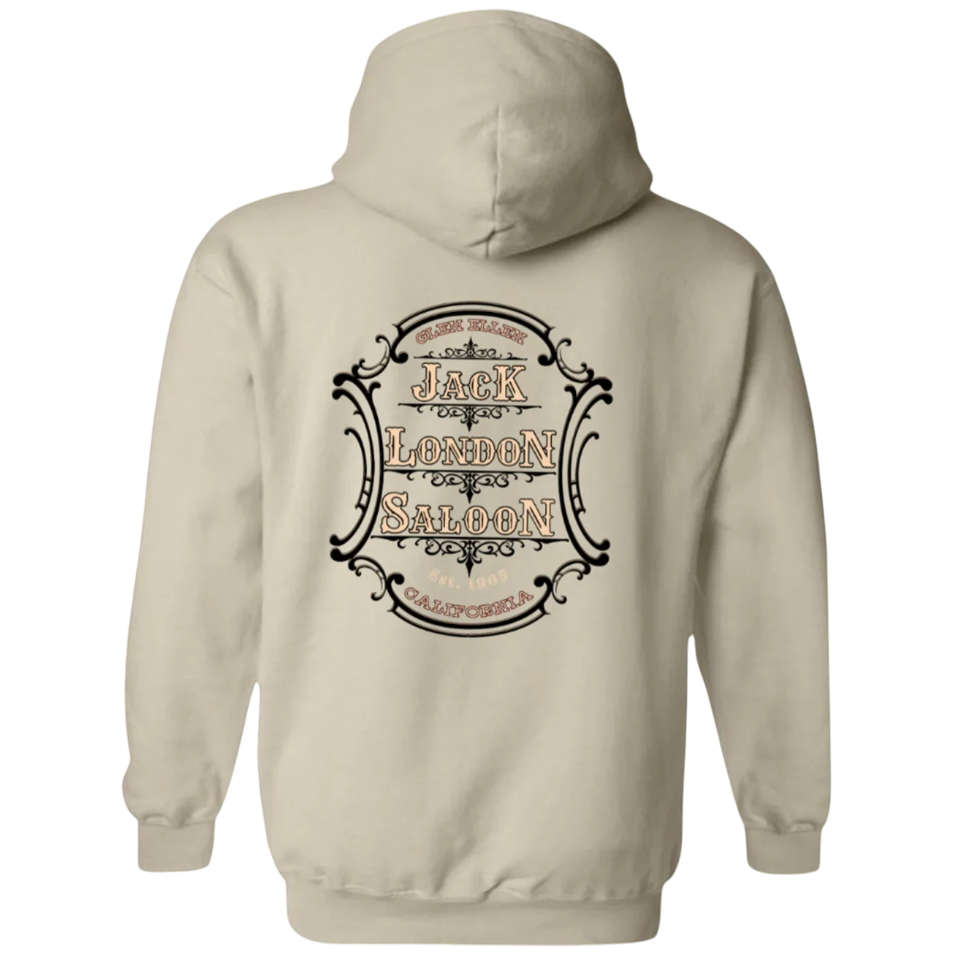 Sonoma Rebel beige cotton blend hoodie with Jack London Saloon Emblem graphic on back.