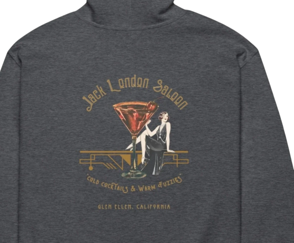 Sonoma Rebel dark grey cotton blend full zip hoodie with Jack London Saloon graphic featuring a martini glass and flapper girl.