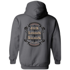 Sonoma Rebel charcoal grey hoodie with Jack London Saloon emblem graphic on back. Double-lined hood and drawcord.