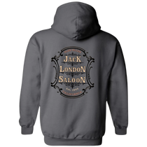 Sonoma Rebel charcoal grey hoodie with Jack London Saloon emblem graphic on back. Double-lined hood and drawcord.