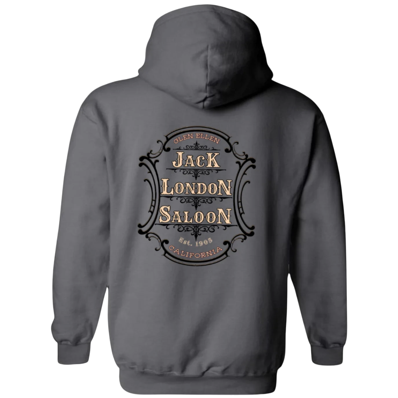 Sonoma Rebel charcoal grey hoodie with Jack London Saloon emblem graphic on back. Double-lined hood and drawcord.