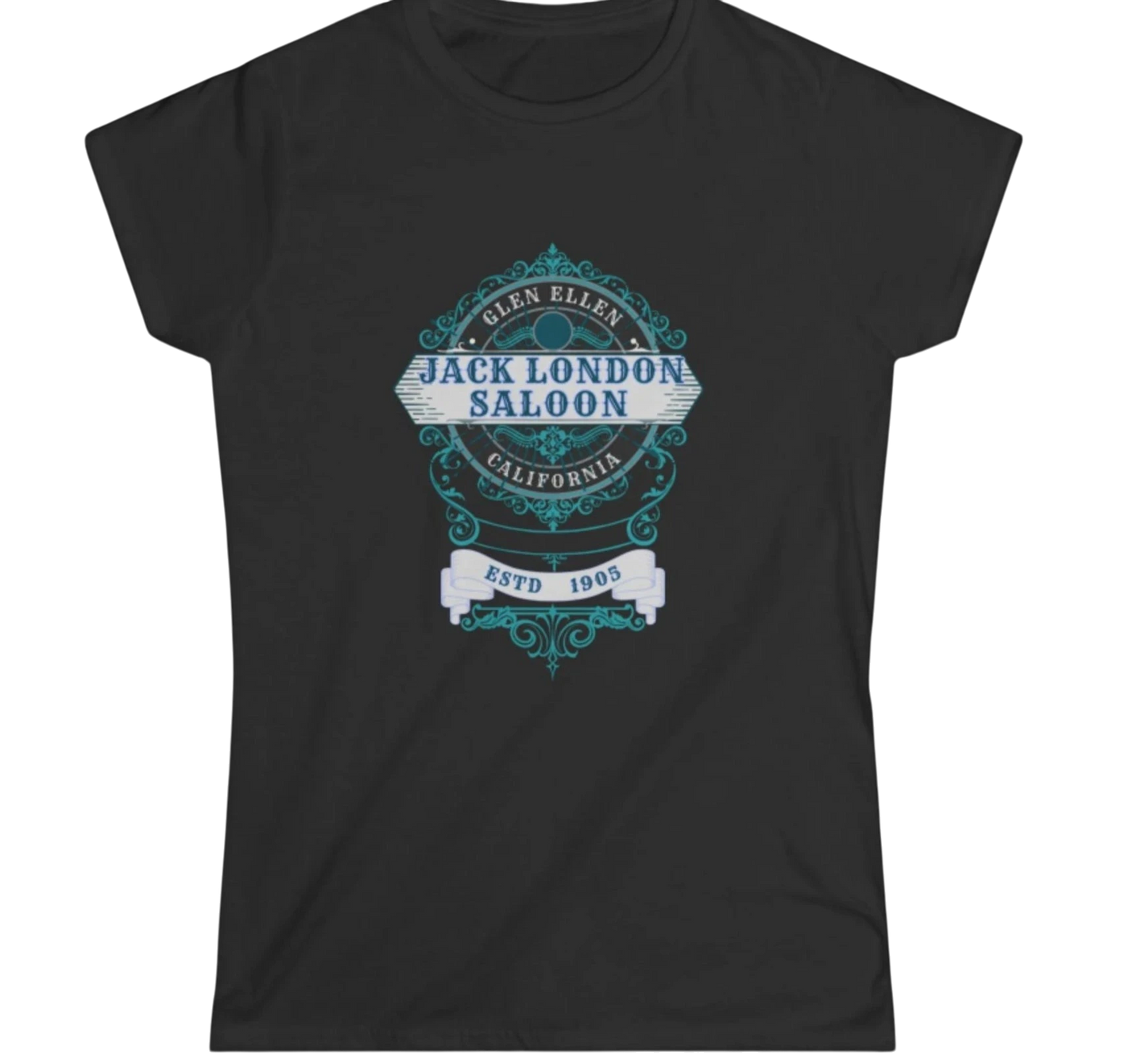 Sonoma Rebel black 100% cotton t-shirt with a vintage Jack London Saloon graphic in blue and white.