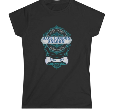 Sonoma Rebel black 100% cotton t-shirt with a vintage Jack London Saloon graphic in blue and white.