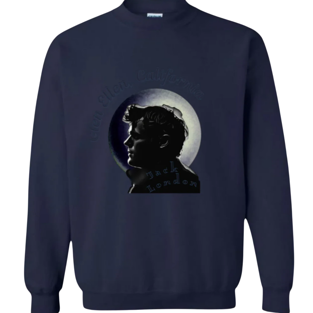 Sonoma Rebel navy blue crewneck sweatshirt with a graphic print of Jack London's profile against a moon, text reads "Glen Ellen, California".
