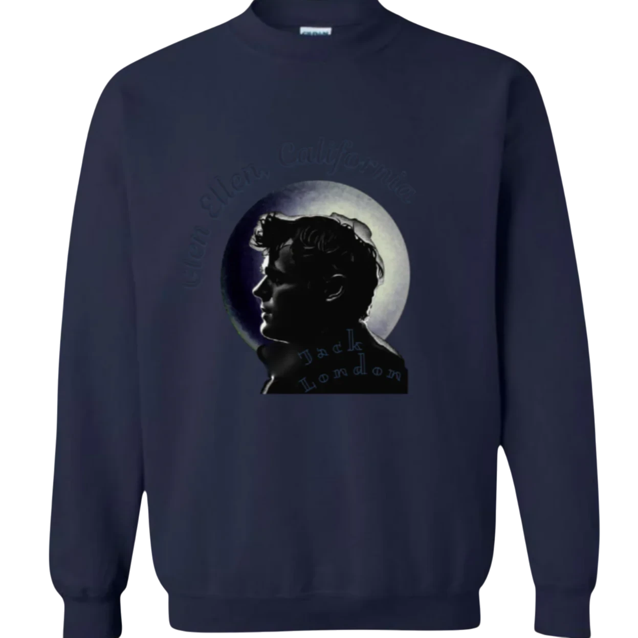 Sonoma Rebel navy blue crewneck sweatshirt with a graphic print of Jack London's profile against a moon, text reads "Glen Ellen, California".