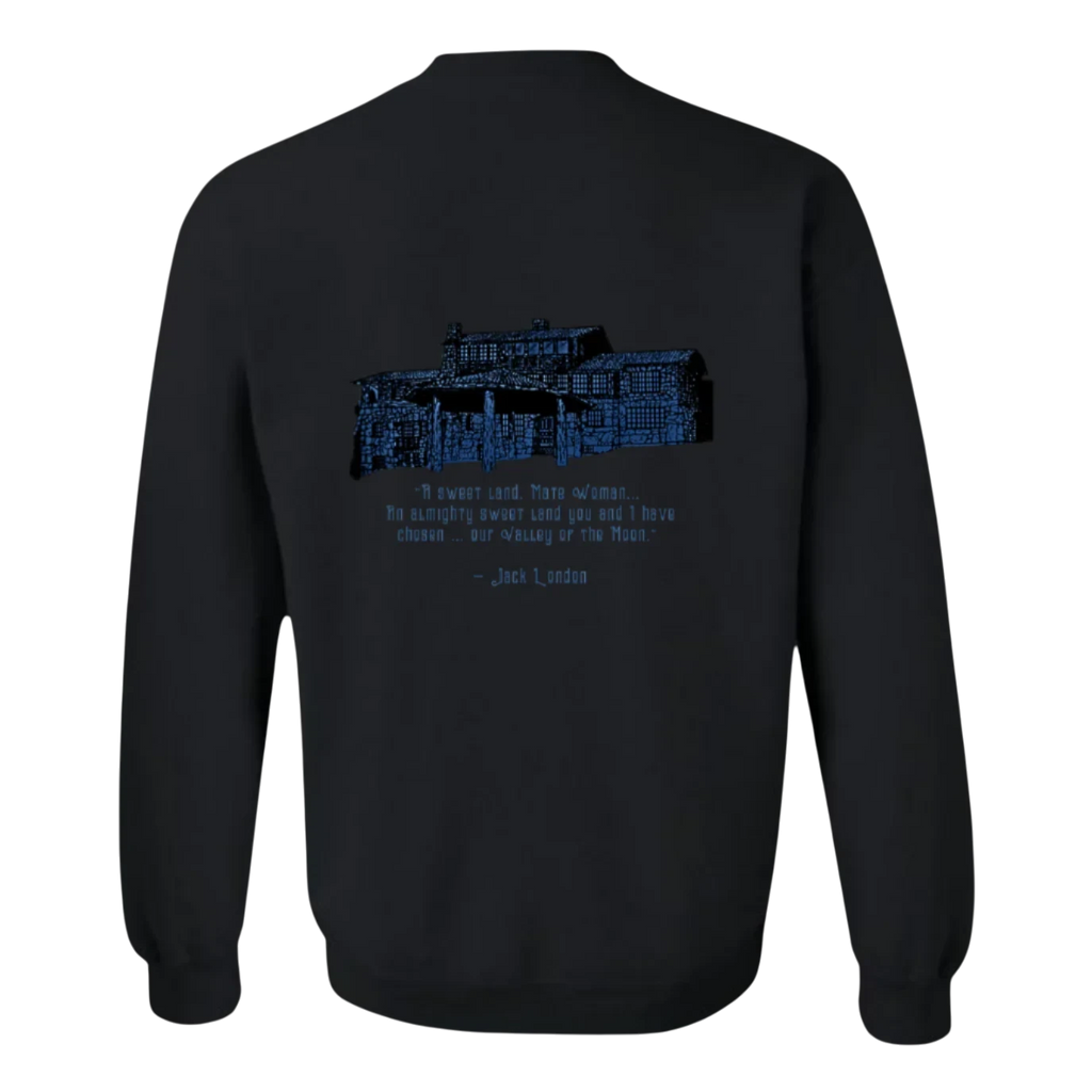 Sonoma Rebel black crewneck sweatshirt with a blue graphic of a large house and text from Jack London.