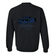 Sonoma Rebel black crewneck sweatshirt with a blue graphic of a large house and text from Jack London.