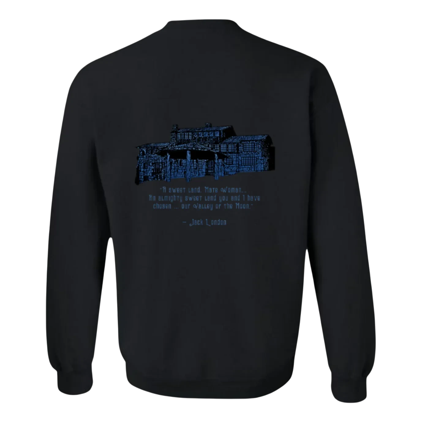 Sonoma Rebel black crewneck sweatshirt with a blue graphic of a large house and text from Jack London.