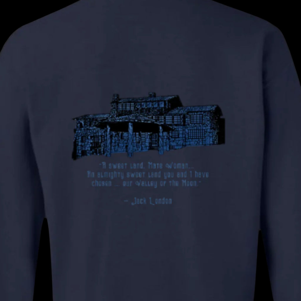 Sonoma Rebel navy blue crewneck sweatshirt with a graphic of a large house and text quote from Jack London.